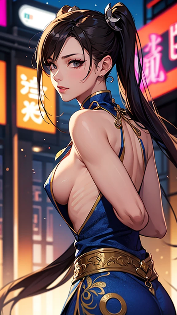 (A masterpiece), (high resolution), 4K,8K, perfect anatomy, ((from below and side)) (whole body) ((bright sexy black Chinese dress with dragon paint)), ((panties are visible from Chinese dress slit)), the background is a building advertisement with dazzling neon light, ((sexy body)) , ((sexy face Chun-Li)), (looking back),athlete, Chun-li in street fighter’ character, extra digit, bad hands, 1girl, upper body, stylish sexy posture, looking at viewer, good applying makeup, (((small breasts))), cleavage, glistening skin, nightclub background,Delete everything except the character,