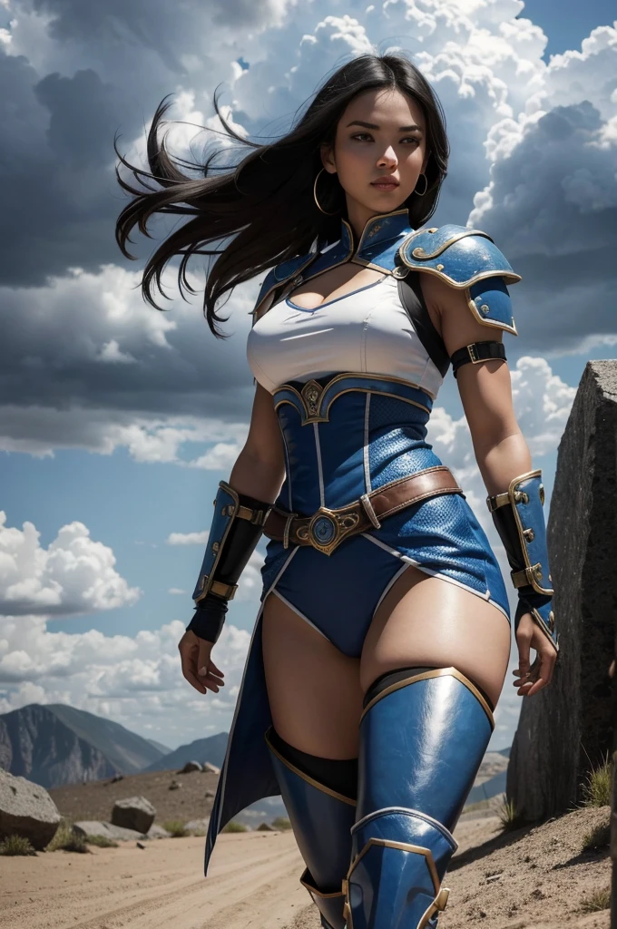 ((best qualityer)), ((work of art)), (detailded), 1womanl, Simple style, illustration, young woman, 27 year old, Mortal Kombat 9: The Kitana, alone, Caucasian skin, delicious, athletic woman, Bullish, Bblack hair, long and loose hair, top cropped azul, long blue boots, blue bracelet, viewer looking, high resolution:1.2, best qualityer, cloudy sky and fighting arena background, natta, Low camera angle, volumetric lighting, Depth of field, ombre