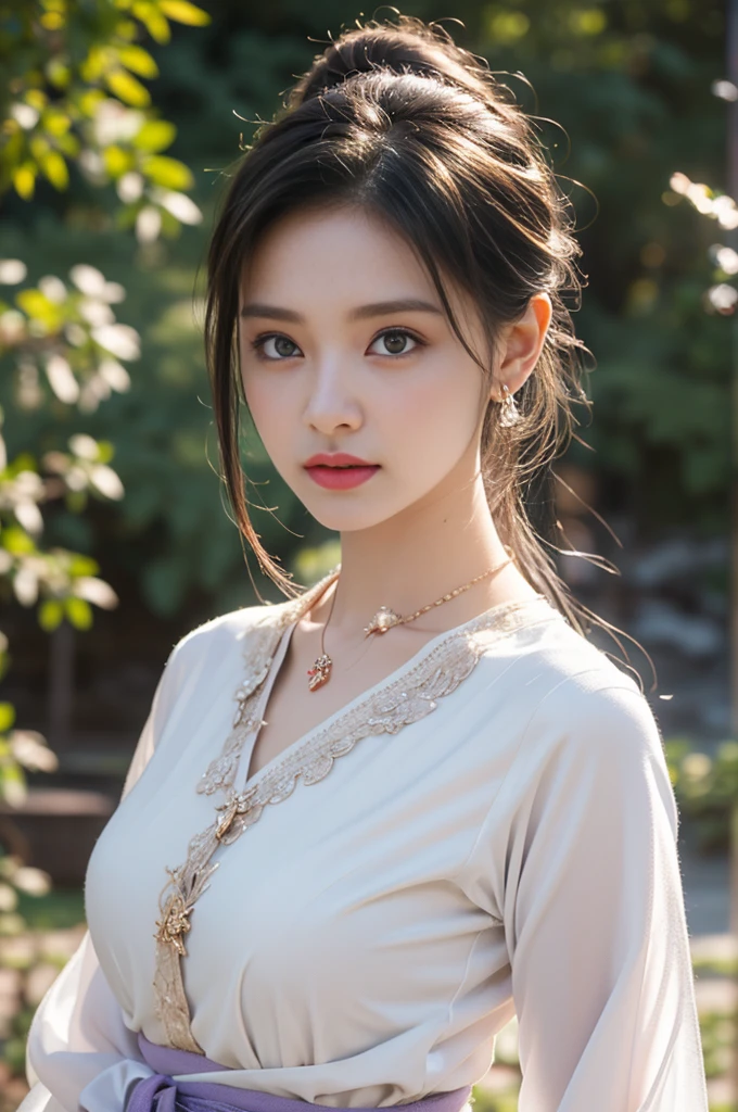 1 beautiful girl in Hanfu costume, ((white thin purple silk shirt with a lot of texture)), white lace top, long purple platinum ponytail Hair, Jewelry, ear jewelry, necklaces and necklaces, carefully drawn big purple eyes, makeup careful, thin eyebrows, high nose, beautiful red lips, no smile, pursed lips, rosy cheeks, wide breasts, big breasts, proportional breasts, slim waist, purple fishnet socks, chinese hanfu style, fictional art texture, colorful bright and realistic, RAW Photo, Realistic Photo, ultra high quality 8k surreal photo, (effective fantasy light effect: 1.8), 10x pixels, magical effect (Background): 1.8), ultradetailed eyes, full body portrait of girl , Chinese royal garden background, dynamic pose
