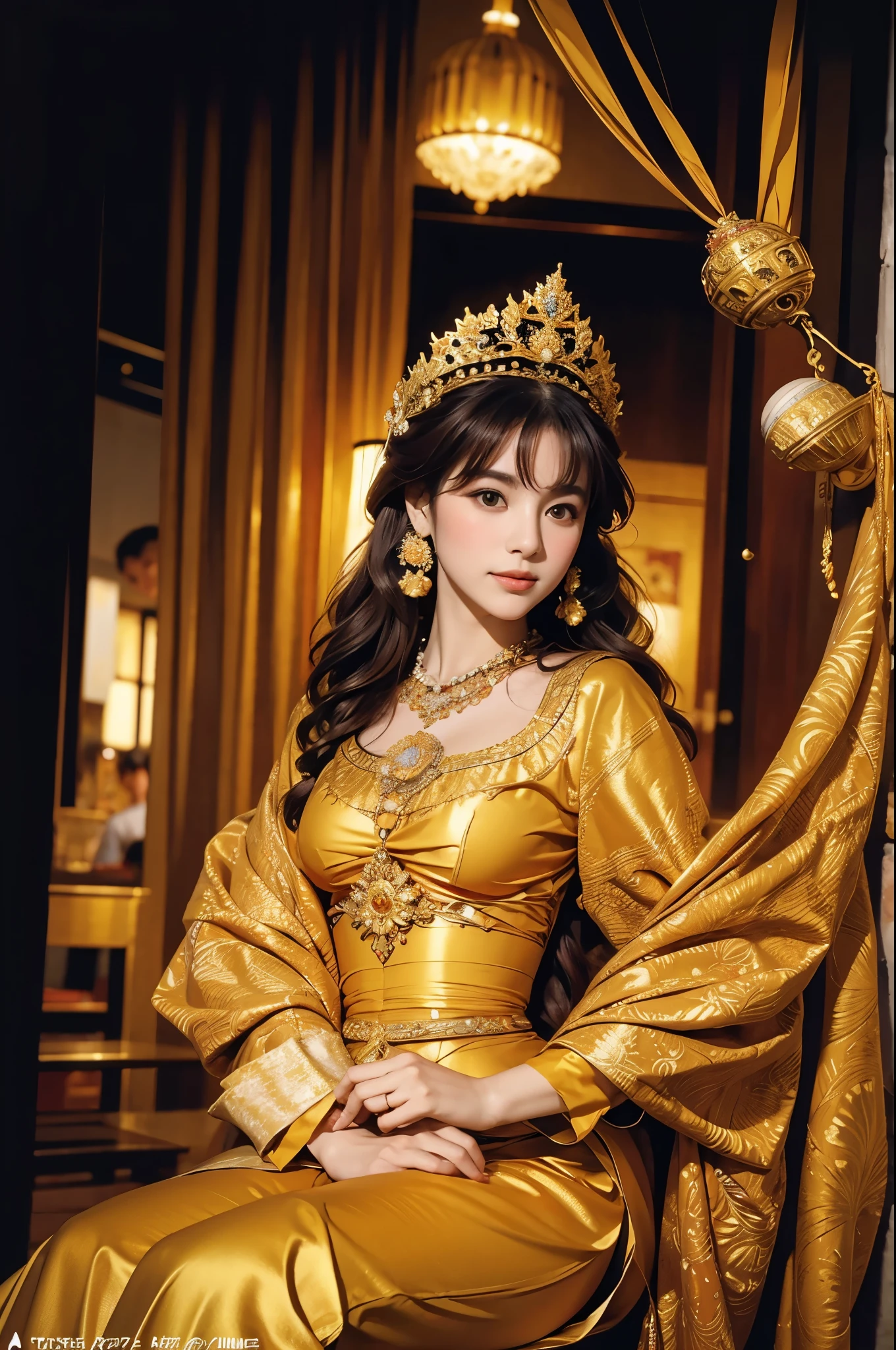 gustav Klimt the lady in gold, Thai princess, golden Thai traditional dress, modestly dressed royal honor, art by Gustav klimt