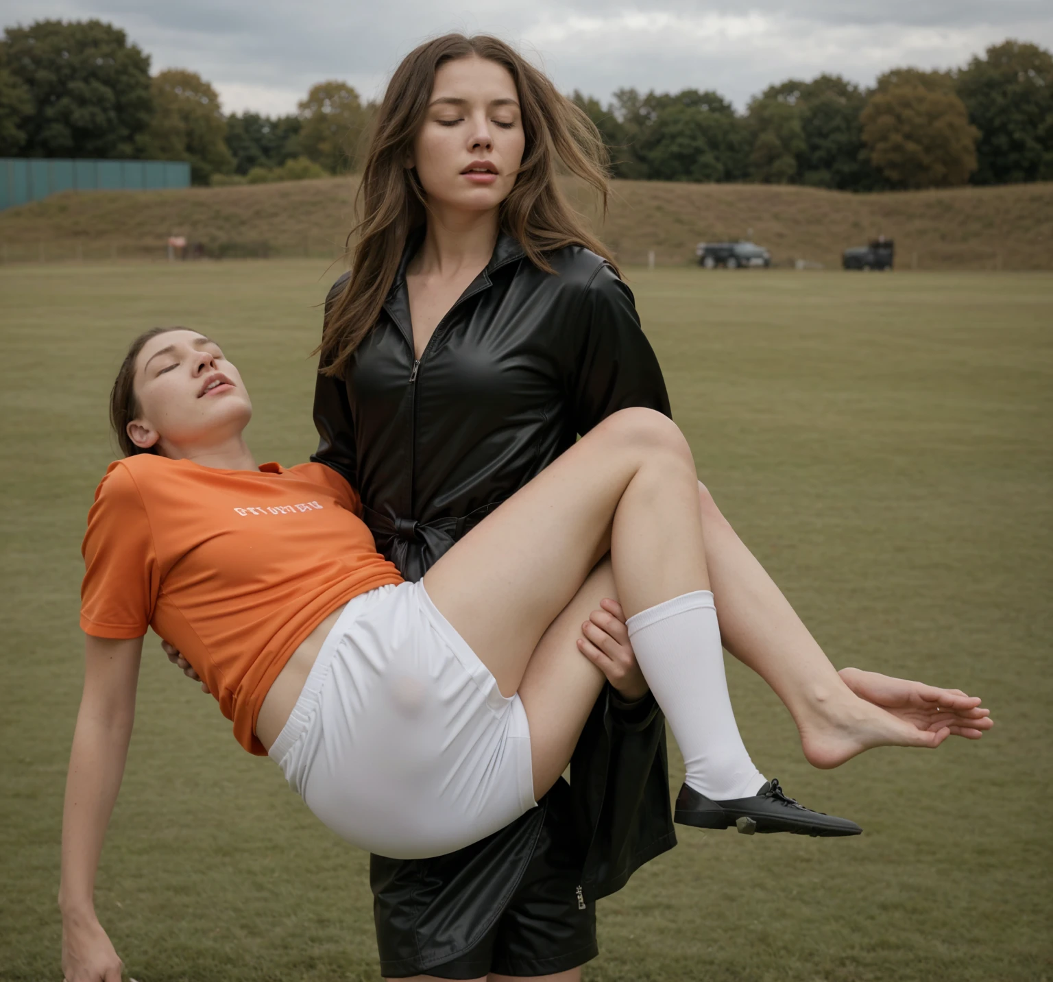 a consciousless sportsman is carried, a man in sportswear is carried by a woman, woman in black pvc viny coat, soccer action pose, affection pose, lecherous action pose, dramatic action pose, theatralic pose, there is an attractive woman that is carrying a skinny man, there is a beautiful woman in a shiny coat who is carrying a blond man in her arms, a longhaired beautiful woman in a high-shine black puffy coat, a longhaired woman in a shiny downcoat, a woman is carrying a shorthaired man who is wearing matte cotton shorts and a matte cotton t-shirt, a weak man in matte cotton sports shorts is consciousless and needs to be carried, a shorthaired man with closed eyes is carried in the arms of a longhaired woman, a woman looks very scared and terrified, a consciousless man with closed eyes is suffering very much and has a very painful face, photo, photo shoot, photographed , accident, help, aid, first aid, pity, a bad bruise on a man's ankle