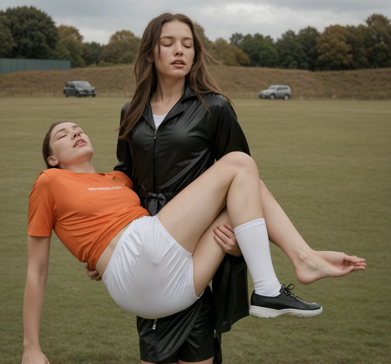 a consciousless sportsman is carried, a man in sportswear is carried by a woman, woman in black pvc viny coat, soccer action pose, affection pose, lecherous action pose, dramatic action pose, theatralic pose, there is an attractive woman that is carrying a skinny man, there is a beautiful woman in a shiny coat who is carrying a blond man in her arms, a longhaired beautiful woman in a high-shine black puffy coat, a longhaired woman in a shiny downcoat, a woman is carrying a shorthaired man who is wearing matte cotton shorts and a matte cotton t-shirt, a weak man in matte cotton sports shorts is consciousless and needs to be carried, a shorthaired man with closed eyes is carried in the arms of a longhaired woman, a woman looks very scared and terrified, a consciousless man with closed eyes is suffering very much and has a very painful face, photo, photo shoot, photographed , accident, help, aid, first aid, pity, a bad bruise on a man's ankle