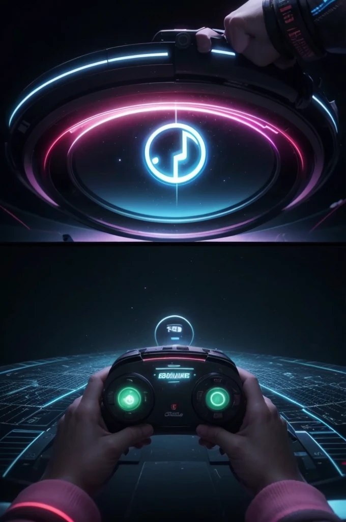 I would like an image that represents the name "Next Sync". The idea is to combine elements of games and music in a synchronized and modern way.. Here are the details:

visual style: Modern and Technological, with a touch of futurism.

Elements to Include:

Game Symbols: May include game-related icons such as a stylized joystick, control keys, or game UI elements.
Musical Elements: Embed music symbols as musical notes, sound waves, or musical instruments in an integrated and harmonious way.
synchronization: Show in some way the idea of synchronization between games and music, maybe through connecting lines, motion or symmetry effects.
color scheme: Preferably vibrant and modern colors, like electric blue, neon green, or color combinations that convey energy and dynamism.

Formato da imagem: high resolution, ideal for use on social media and video platforms like YouTube.

Additional Inspiration: If you need inspiration, think about elements that evoke technological advancement, creativity and union between different forms of digital entertainment.

Purpose of the Image: The image will be used as the main visual identity for a YouTube channel that combines gaming videos and music in an innovative and captivating way.

Thank you very much for your help in creating this image.!