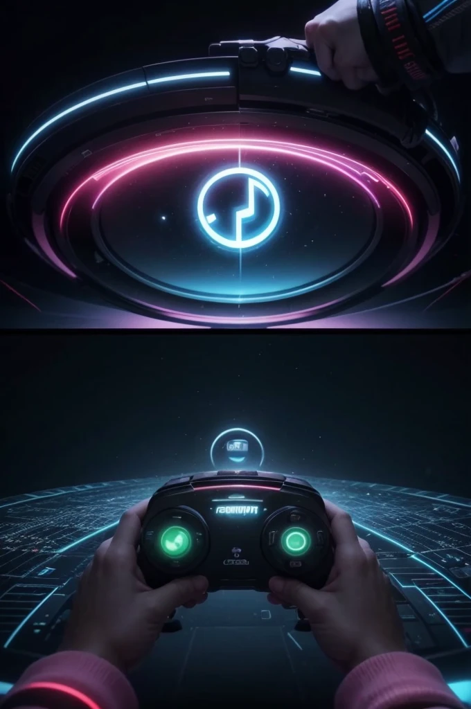 I would like an image that represents the name "Next Sync". The idea is to combine elements of games and music in a synchronized and modern way.. Here are the details:

visual style: Modern and Technological, with a touch of futurism.

Elements to Include:

Game Symbols: May include game-related icons such as a stylized joystick, control keys, or game UI elements.
Musical Elements: Embed music symbols as musical notes, sound waves, or musical instruments in an integrated and harmonious way.
synchronization: Show in some way the idea of synchronization between games and music, maybe through connecting lines, motion or symmetry effects.
color scheme: Preferably vibrant and modern colors, like electric blue, neon green, or color combinations that convey energy and dynamism.

Formato da imagem: high resolution, ideal for use on social media and video platforms like YouTube.

Additional Inspiration: If you need inspiration, think about elements that evoke technological advancement, creativity and union between different forms of digital entertainment.

Purpose of the Image: The image will be used as the main visual identity for a YouTube channel that combines gaming videos and music in an innovative and captivating way.

Thank you very much for your help in creating this image.!