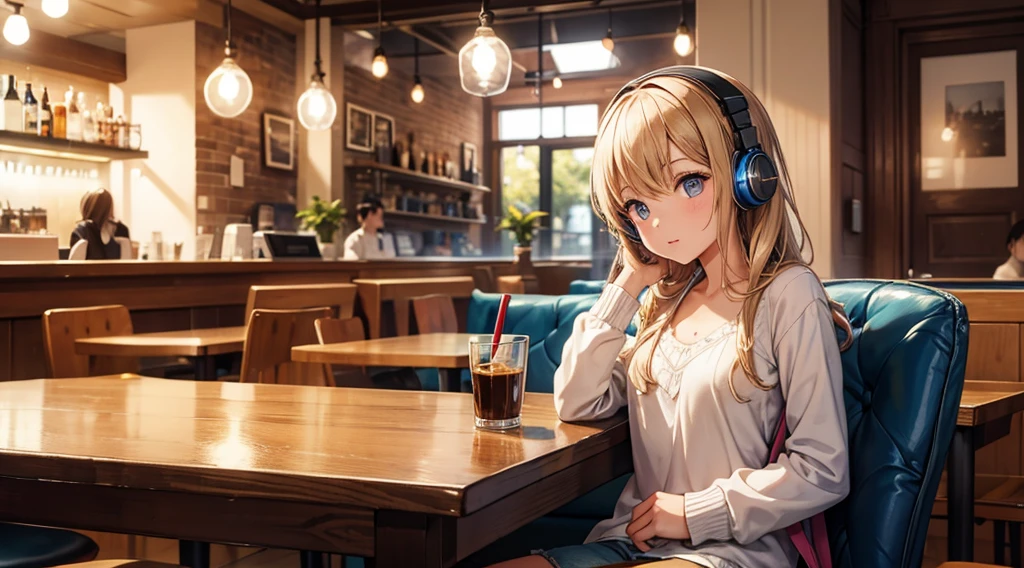 Girl with headphones enjoying music in a cafe I am studying Emphasize a little bit of the chest