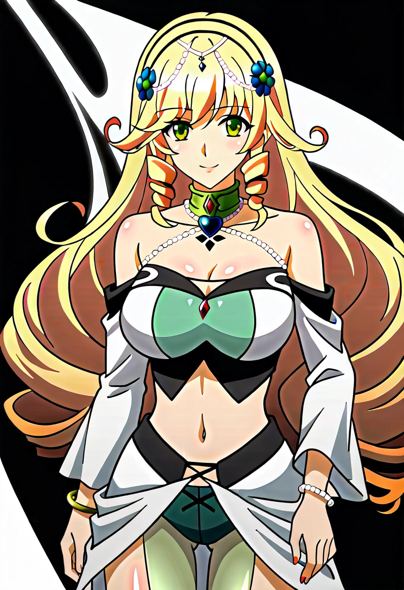 score_9, score_8_up, score_7_up, score_6_up, score_5_up, score_4_up,detailed Lora,masterpiece,best quality,highres,absurdres,official art,official style,source_anime,anime coloring,anime_screencap,megami magazine,anime,animated,explicit,shiny skin,extremely detailed CG unity 8k wallpaper,detailed face,perfect face,beautiful face,(detailed eyes),(perfecteyes),(expressive eyes),perfect anatomy,BREAK,SOFYA_OBERTAS,BLONDE HAIR, GREEN EYES, LONG HAIR, FRILLY HAIR, HUGE BREASTS,NAVEL,nallow waist,lewd lowerbody,cowboy shot,