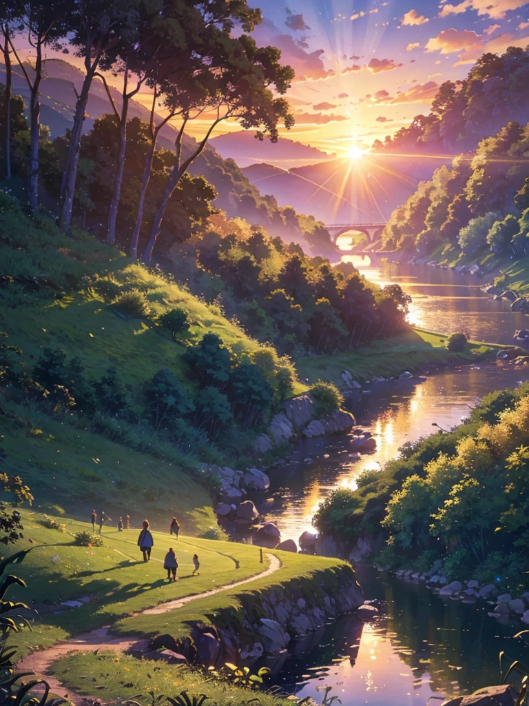 cinematic landscape, serene riverbank, winding walking trail, lush foliage, dramatic sky, photorealistic, highly detailed, 8k, hyperrealistic, masterpiece, vivid colors, natural lighting, golden hour, atmospheric, scenic, picturesque