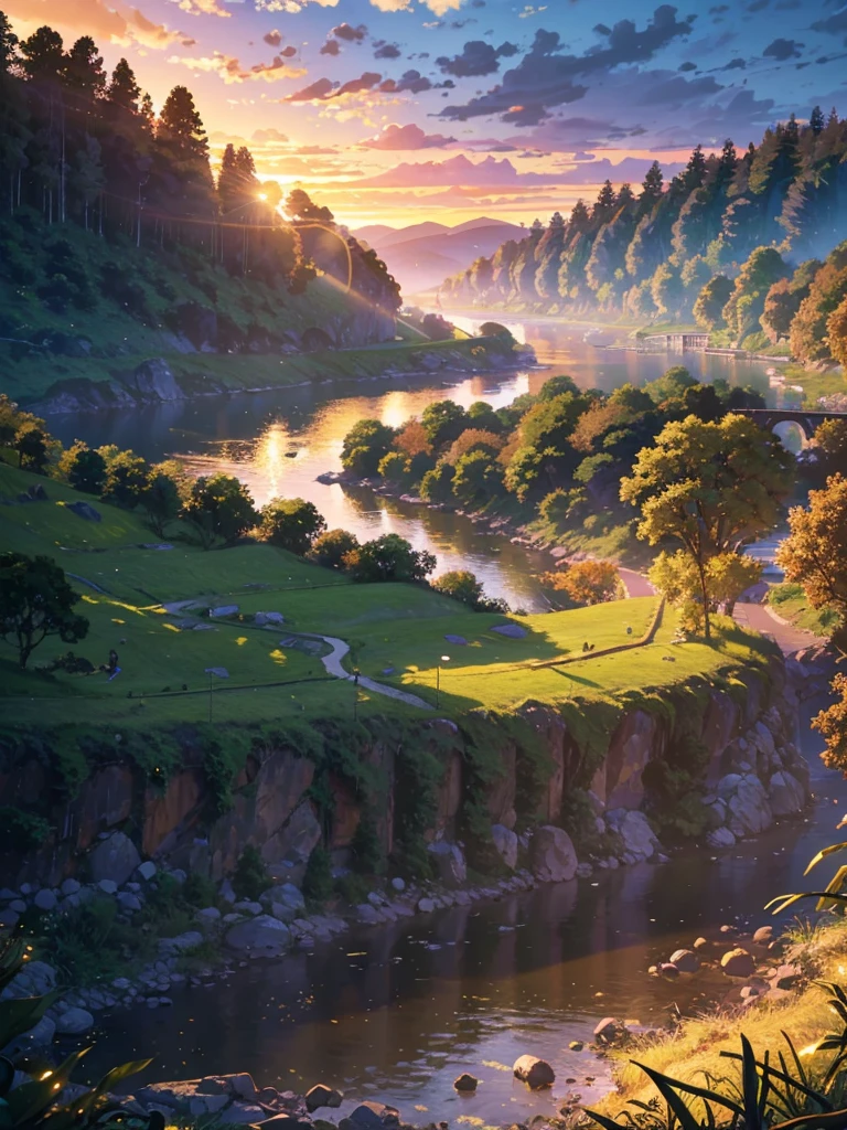 cinematic landscape, serene riverbank, winding walking trail, lush foliage, dramatic sky, photorealistic, highly detailed, 8k, hyperrealistic, masterpiece, vivid colors, natural lighting, golden hour, atmospheric, scenic, picturesque