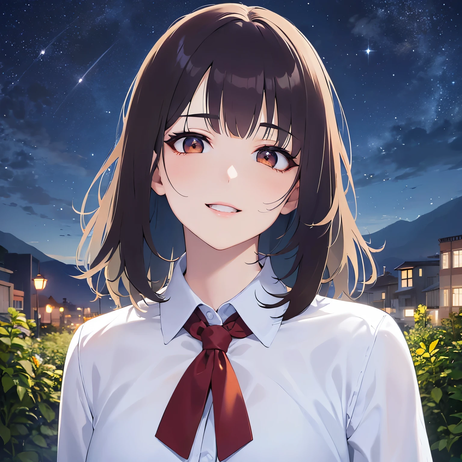 lookin at viewer,upper Body, head tilt、
 Realistic, real person, (pale skin: 1.2), RAW photo, photorealistic, shiny skin, shiny hair、
(A 25-year-old woman with bob hair and bangs：1.5) and (wavy hair) and (brown hair) and (Orange Eyes)、(business suit)and (Wearing a white collared shirt)、
open mouth,happy smile,(Night Sky:1.5)、garden