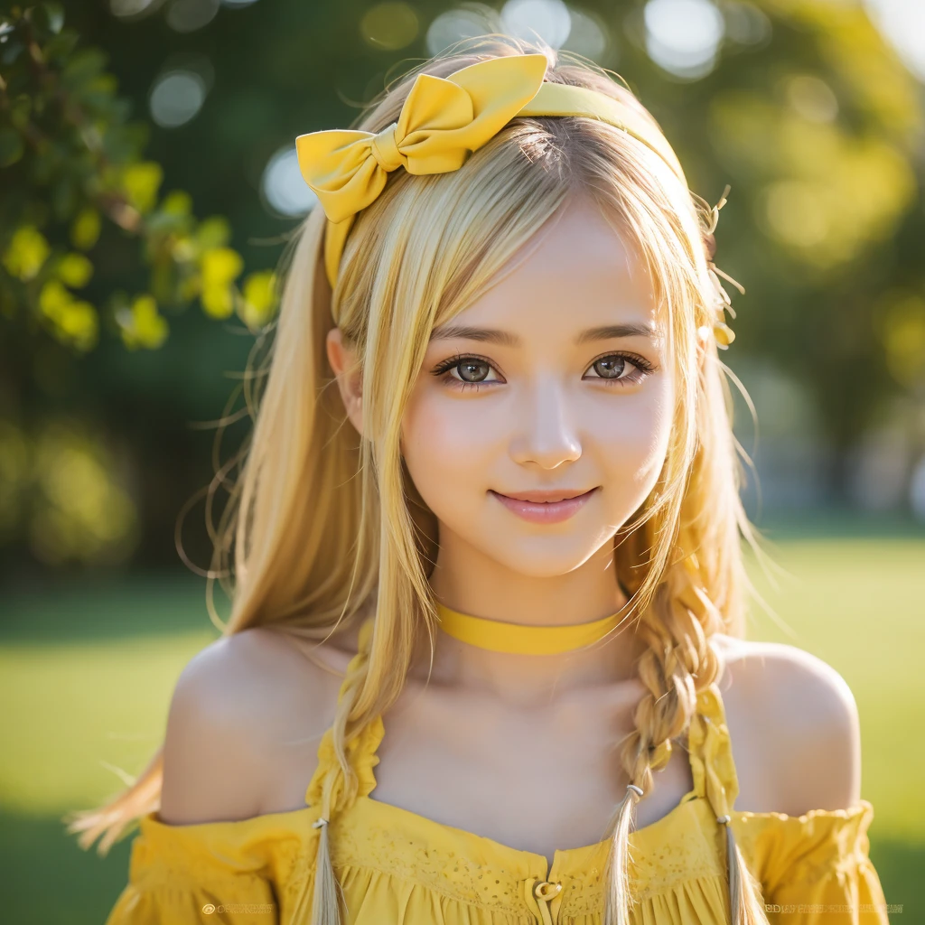 masterpiece, best quality, best quality, (Intricate detailed:1.2), beautiful eyes, 1girl, solo, outdoors, blue sky, cloudy, bokeh, lens flare, anamorphic lens flare, depth of field, seductive face, seductive smile, heanna_sumire, yellow hair, red headband,