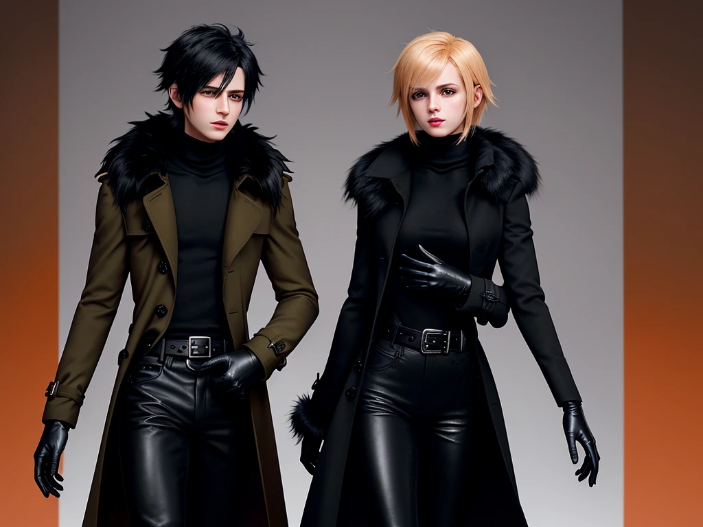 Final fantasy taste and reality graphics, Japanese young cute and cool ikemen  boy and cute and beauty girl,,boy and girl couple, both age is early 20s, thin eyebrows and beady eyes, girl is black long hair, boy wearing orange beige color double brest very thick trench coat, with a black color neck fur.,neck fur is black color, must black neck fur,
Must tighten your belt of coat, with epaulet, must close the front of the trench coat,, must trench coat cloth the front, also wearing black very thick turtleneck lackluster shirts,  tight black leather pants, shiny black leather tight and must put on a thin leather glove both hands, black leather knee-high raceup boots,
Girl wearing white colordouble brest very thick long coat,Must tighten your belt of coat, must trench coat cloth the front, also wearing black very thick turtleneck lackluster shirts,  tight black leather pants, shiny black leather tight and must put on a thin leather glove both hands, black leather knee-high raceup boots,must views  head-to-toe,must views whole body, boy and girl looks like fashion model,Do not show skin from the neck down,leather jacket leather glove and leather pants have few wrinkles,boy in the room,,Avoid showing your innerwear,must close coats waist belt.