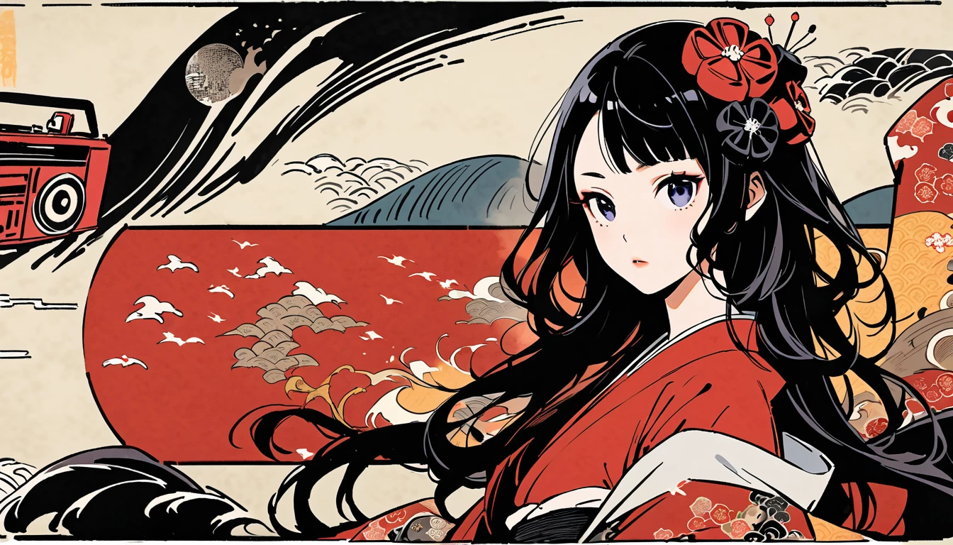 Highest quality, Katsushika Hokusai, Ink Painting, (((Long Hair))), (((Pale red kimono))), Red Higanbana, beautiful girl, Black Hair, Delicate and precise, Modern ukiyo-e style,