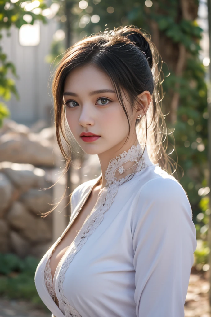 1 beautiful girl in Hanfu costume, ((white thin purple silk shirt with a lot of texture)), white lace top, long purple platinum ponytail Hair, Jewelry, ear jewelry, necklaces and necklaces, carefully drawn big purple eyes, makeup careful, thin eyebrows, high nose, beautiful red lips, no smile, pursed lips, rosy cheeks, wide breasts, big breasts, proportional breasts, slim waist, purple fishnet socks, chinese hanfu style, fictional art texture, colorful bright and realistic, RAW Photo, Realistic Photo, ultra high quality 8k surreal photo, (effective fantasy light effect: 1.8), 10x pixels, magical effect (Background): 1.8), ultradetailed eyes, full body portrait of girl , Chinese royal garden background, dynamic pose