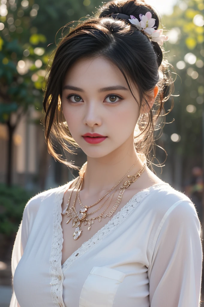 1 beautiful girl in Hanfu costume, ((white thin purple silk shirt with a lot of texture)), white lace top, long purple platinum ponytail Hair, Jewelry, ear jewelry, necklaces and necklaces, carefully drawn big purple eyes, makeup careful, thin eyebrows, high nose, beautiful red lips, no smile, pursed lips, rosy cheeks, wide breasts, big breasts, proportional breasts, slim waist, purple fishnet socks, chinese hanfu style, fictional art texture, colorful bright and realistic, RAW Photo, Realistic Photo, ultra high quality 8k surreal photo, (effective fantasy light effect: 1.8), 10x pixels, magical effect (Background): 1.8), ultradetailed eyes, full body portrait of girl , Chinese royal garden background, dynamic pose