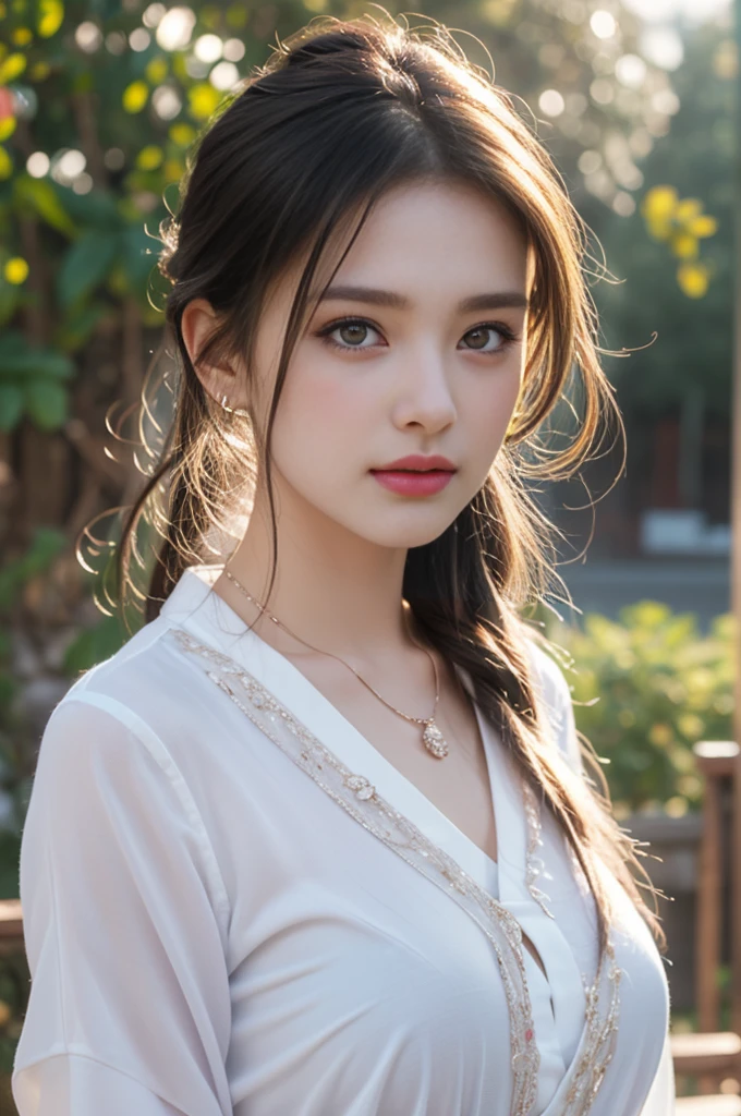 1 beautiful girl in Hanfu costume, ((white thin purple silk shirt with a lot of texture)), white lace top, long purple platinum ponytail Hair, Jewelry, ear jewelry, necklaces and necklaces, carefully drawn big purple eyes, makeup careful, thin eyebrows, high nose, beautiful red lips, no smile, pursed lips, rosy cheeks, wide breasts, big breasts, proportional breasts, slim waist, purple fishnet socks, chinese hanfu style, fictional art texture, colorful bright and realistic, RAW Photo, Realistic Photo, ultra high quality 8k surreal photo, (effective fantasy light effect: 1.8), 10x pixels, magical effect (Background): 1.8), ultradetailed eyes, full body portrait of girl , Chinese royal garden background, dynamic pose