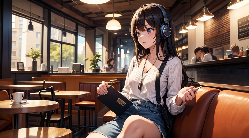 Girl with headphones enjoying music in a cafe　I am studying　Emphasize a little bit of the chest