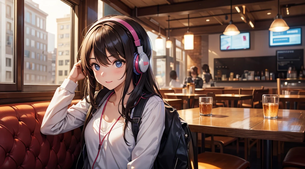 Girl with headphones enjoying music in a cafe　I am studying　Emphasize a little bit of the chest