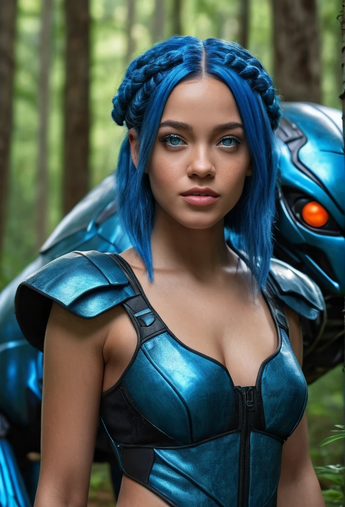beautiful biracial woman,extremely detailed full body,blue eyes,blue hair,survivor clothes,in forest,giant blue beetle in background,(best quality,4k,8k,highres,masterpiece:1.2),ultra-detailed,(realistic,photorealistic,photo-realistic:1.37),detailed portrait,cinematic lighting,dramatic lighting,vivid colors,intricate details,highly detailed environment,fantastical elements,epic scale