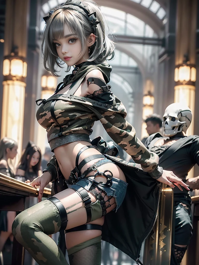 (Side view:1.1)、(Beautiful skin, lips and nose:1.4)、(Smiling with teeth showing:1.3),(Fashion Model:1.5)、(Gothic ta delicately decorated battle uniform:1.5)、(Moss green off-shoulder hoodie:1.5)、(Black, silver and white shorts:1.4)、(denim garter belt:1.5)、(Black and camouflage knee socks:1.3)、(Skull Silver Accessories:1.5)、(Lace collar:1.3)、(Brown Skin Belt:1.4)、(Brown boots:1.2)、(Underwear has polka dots:1.4)、23 years old、((Highest quality、In 8K、masterpiece:1.3))、Sharp focus:1.2、(Layered Cut、Huge boobs:1.1),Beautiful woman with perfect figure:1.4、(Dancing vigorously:1.3)、Slender Abs:1.2、Highly detailed face and skin texture、Detailed eyes、double eyelid,(Bob Hair:1.3)、(Brown-golden hair:1.3)、Gravure idol、(The background is a luxurious dance hall.:1.3)、(Slim Body:1.2),(Make your legs thinner:1.4),(clavicle:1.1)