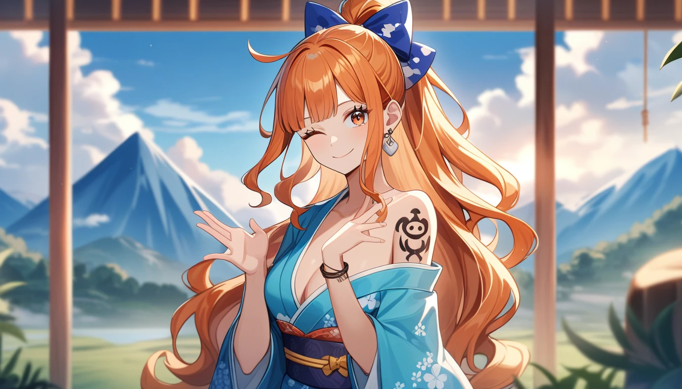 2D, masterpiece, Highest quality, anime, Highly detailed face, Highly detailed background, Perfect lighting, here, we, one piece , One girl, alone, Close one eye, Long Hair, smile, jewelry, sash, kimono, heart, Orange Hair, kimono, bow, light blue kimono, flower, flower print, Earrings, View your viewers, No sleeve kimono, Ahoge, ribbon, hair bow, null, Day, bracelet, No sleeve, ;\), blue bow, Outdoor, chest, cloud, Mouth closed, ponytail, blue null, Brown eyes, Orange eyes, Left shoulder tattoo, Exposing shoulders, very Long Hair, Side Lock, bangs, clavicle, Upper Body, Tattoo on left arm, Bare arms, official Alternative costume, Blurred, Hand gestures, Alternative costume, medium chest, Blurred background, large chest, eyelash, Mountain, Parody, cloudy null, Sitting, Shiny Hair, Bangles, Wavy Hair,
