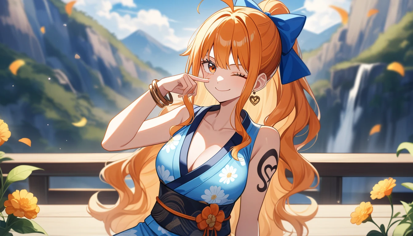 2D, masterpiece, Highest quality, anime, Highly detailed face, Highly detailed background, Perfect lighting, here, we, one piece , One girl, alone, Close one eye, Long Hair, smile, jewelry, sash, kimono, heart, Orange Hair, kimono, bow, light blue kimono, flower, flower print, Earrings, View your viewers, No sleeve kimono, Ahoge, ribbon, hair bow, null, Day, bracelet, No sleeve, ;\), blue bow, Outdoor, chest, cloud, Mouth closed, ponytail, blue null, Brown eyes, Orange eyes, Left shoulder tattoo, Exposing shoulders, very Long Hair, Side Lock, bangs, clavicle, Upper Body, Tattoo on left arm, Bare arms, official Alternative costume, Blurred, Hand gestures, Alternative costume, medium chest, Blurred background, large chest, eyelash, Mountain, Parody, cloudy null, Sitting, Shiny Hair, Bangles, Wavy Hair, 