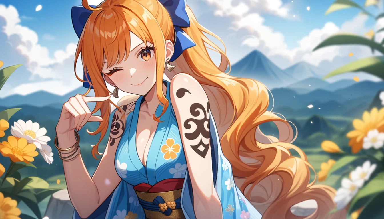 2D, masterpiece, Highest quality, anime, Highly detailed face, Highly detailed background, Perfect lighting, here, we, one piece , One girl, alone, Close one eye, Long Hair, smile, jewelry, sash, kimono, heart, Orange Hair, kimono, bow, light blue kimono, flower, flower print, Earrings, View your viewers, No sleeve kimono, Ahoge, ribbon, hair bow, null, Day, bracelet, No sleeve, ;\), blue bow, Outdoor, chest, cloud, Mouth closed, ponytail, blue null, Brown eyes, Orange eyes, Left shoulder tattoo, Exposing shoulders, very Long Hair, Side Lock, bangs, clavicle, Upper Body, Tattoo on left arm, Bare arms, official Alternative costume, Blurred, Hand gestures, Alternative costume, medium chest, Blurred background, large chest, eyelash, Mountain, Parody, cloudy null, Sitting, Shiny Hair, Bangles, Wavy Hair,