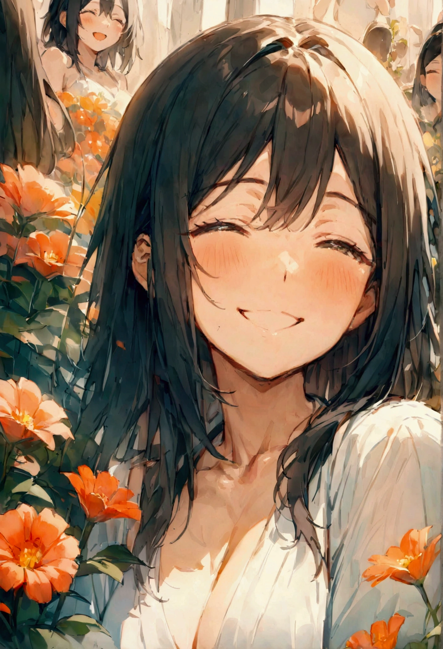 (masterpiece), (Very High Resolution), (Very high quality), Surrounded by flowers,Flower side,One girl,Upper Body,smile,I'm laughing so hard my eyes are closing,A big smile,Black Hair,long,Shiny Hair