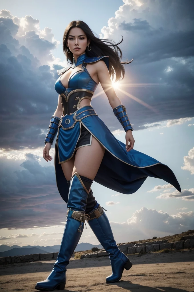 ((best qualityer)), ((work of art)), (detailded), 1womanl, Simple style, illustration, young woman, 27 year old, Mortal Kombat 9: The Kitana, alone, Caucasian skin, delicious, athletic woman, Bullish, Bblack hair, long and loose hair, top cropped azul, long blue boots, blue bracelet, viewer looking, high resolution:1.2, best qualityer, cloudy sky and fighting arena background, natta, Low camera angle, volumetric lighting, Depth of field, ombre