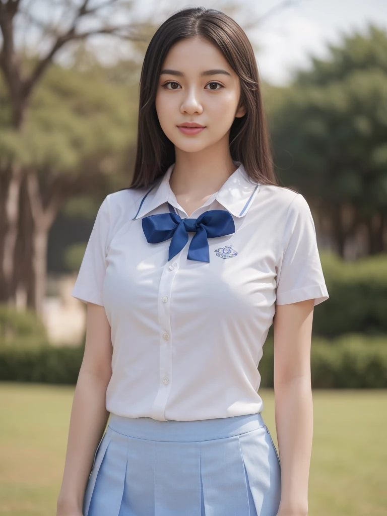 1girl, solo, (uniform), standing, outdoors, cute pose, detailed face, detailed eyes, medium breasts, smooth skin, tight white shirt, grey blue short skirt, looking at the audience, low angle shot,(8k, RAW photo, best quality, masterpiece: 1.2), (realistic, realistic: 1.37), ultra-high resolution