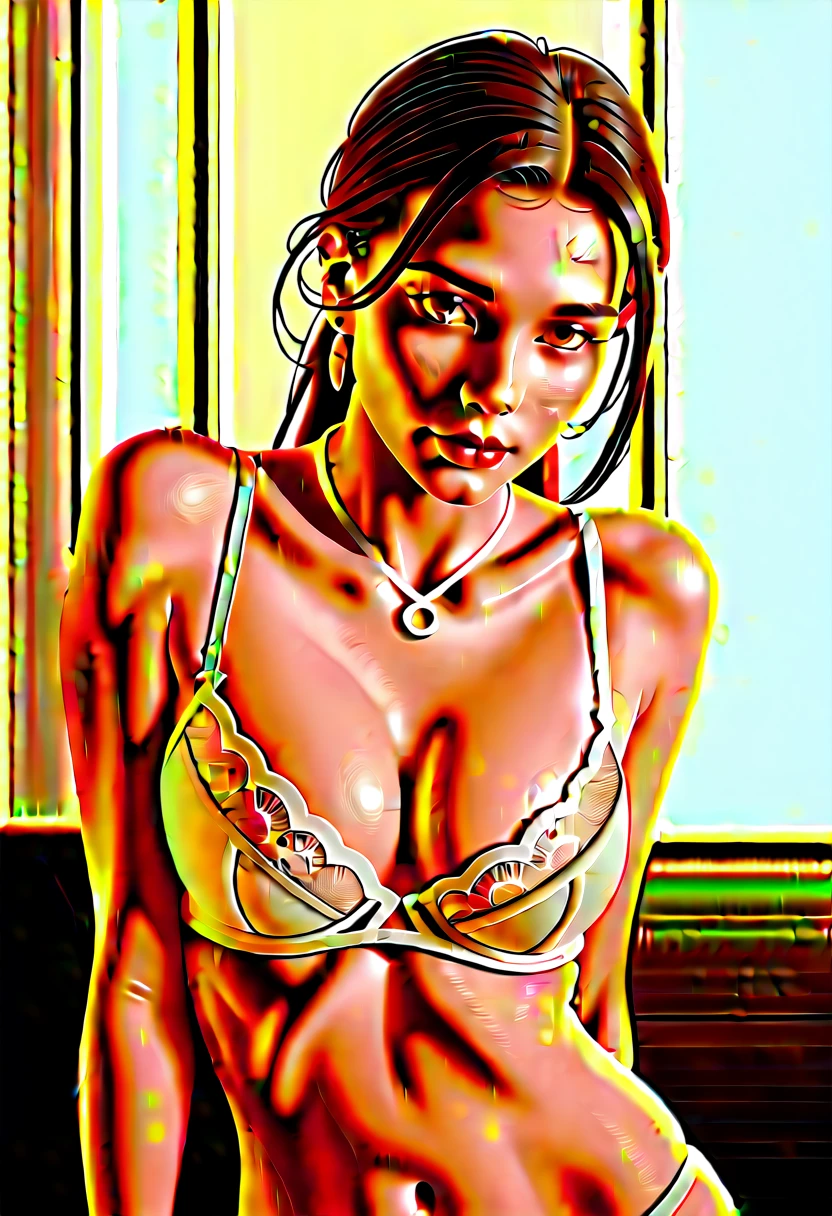 Une fille, peau blanche, jeune, longs cheveux roses, Les cheveux en désordre, bras fins, bouche, petit nez, Petits seins, visage rond, Jupe rose, top court en dentelle transparente, Collier en forme de coeur, yeux bleus, rougir , Sourire gêné, nombril, vue réaliste, très timide, Des yeux perçants, assis dans une chambre sur le lit, bon éclairage, Origine européenne, beaucoup de détails sur le visage et les vêtements
