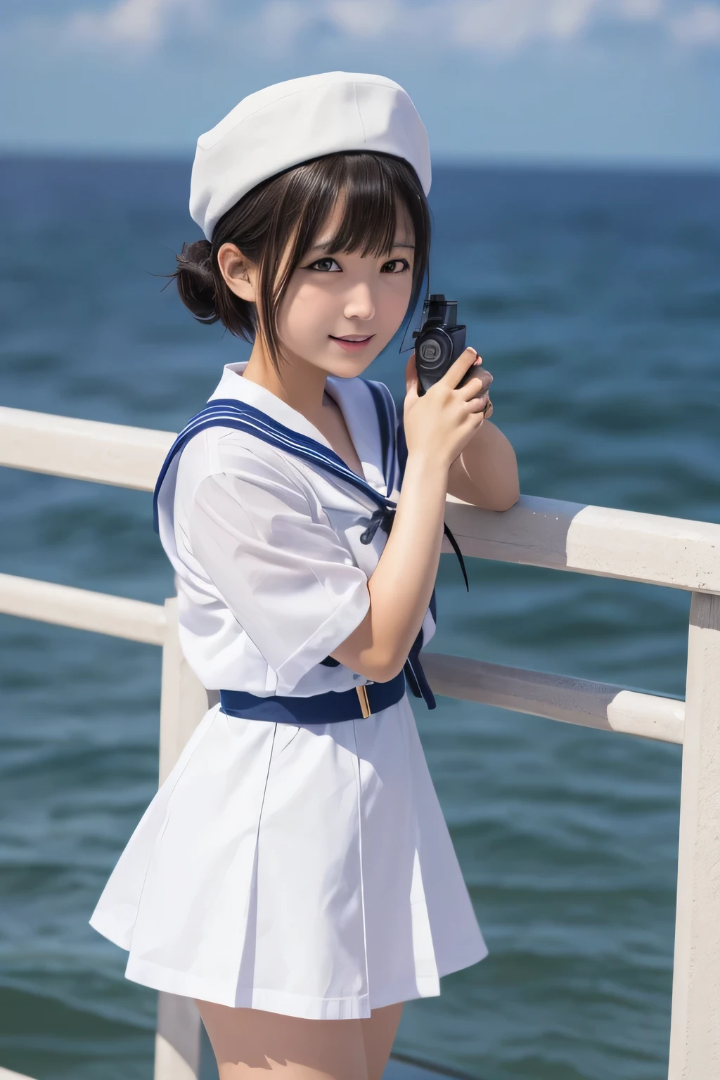 ((Highest quality)), ((masterpiece)), (detailed), Kantai Collection、destroyer、Snowstorm、1 person、A simple and innocent girl、She has short hair tied back、Iris、No hat、Sailor suit summer uniform、Rigged on the back、12 on the right.7mm main gun、The background is simple with the sea.