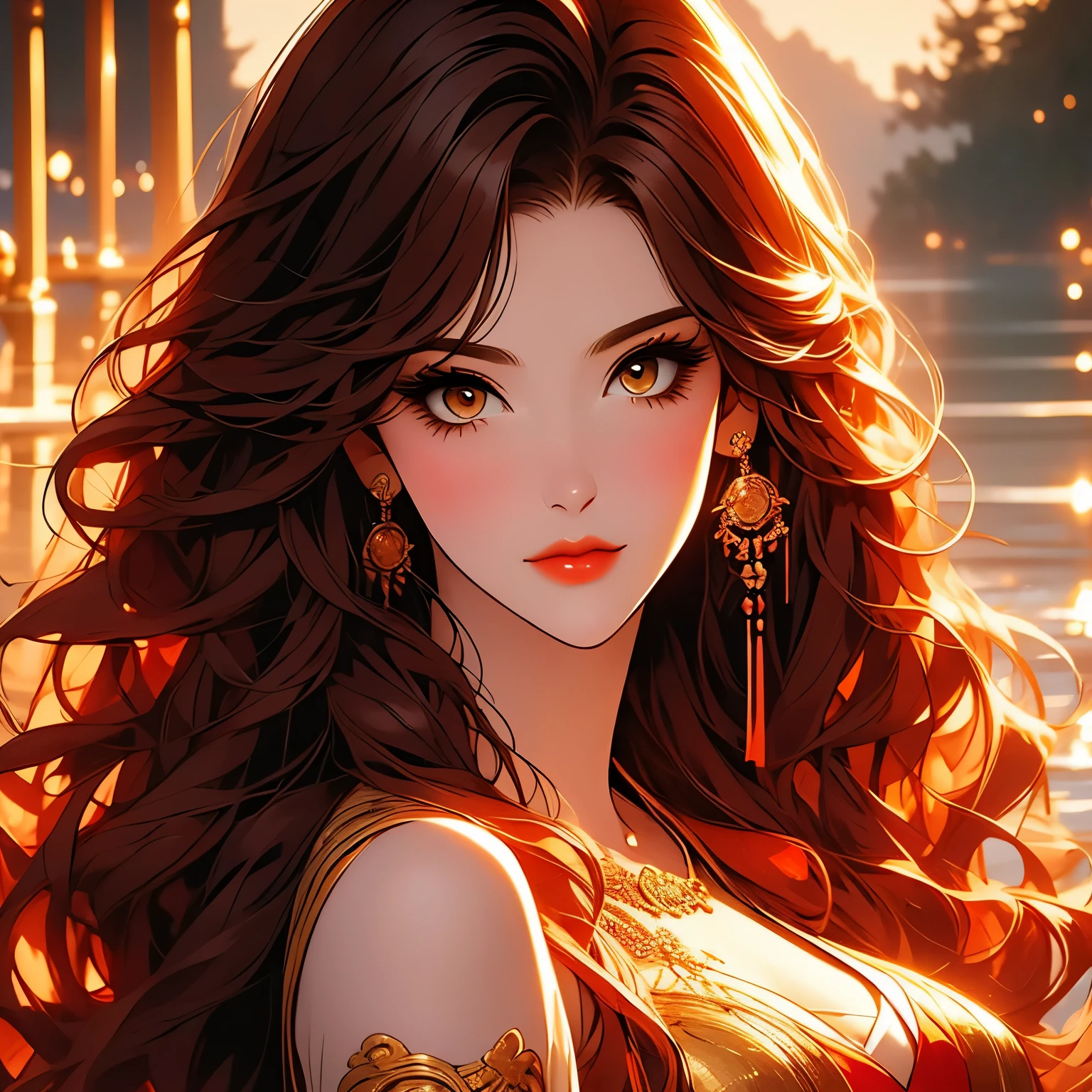 virtual drawing beautiful and sexy and majestic girl of  red wavy hair and gold eyes medieval style with villa aesthetics