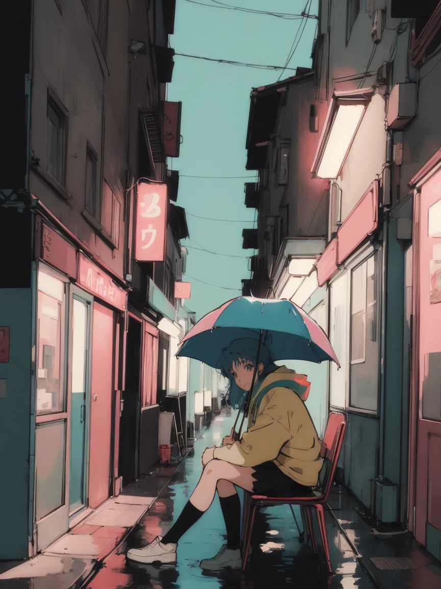 anime girl sitting on floor looking out window at city, anime aesthetic, anime vibes, Lofi Artstyle, Lo-fi portrait. anime, Lofty Girl, anime art wallpaper 4 k, anime art wallpaper 4k, anime art wallpaper 8 k, anime background art, Lofi Color, Lofi Art, anime asthetic, Short Bob, City of night, Wet day、Use an umbrella