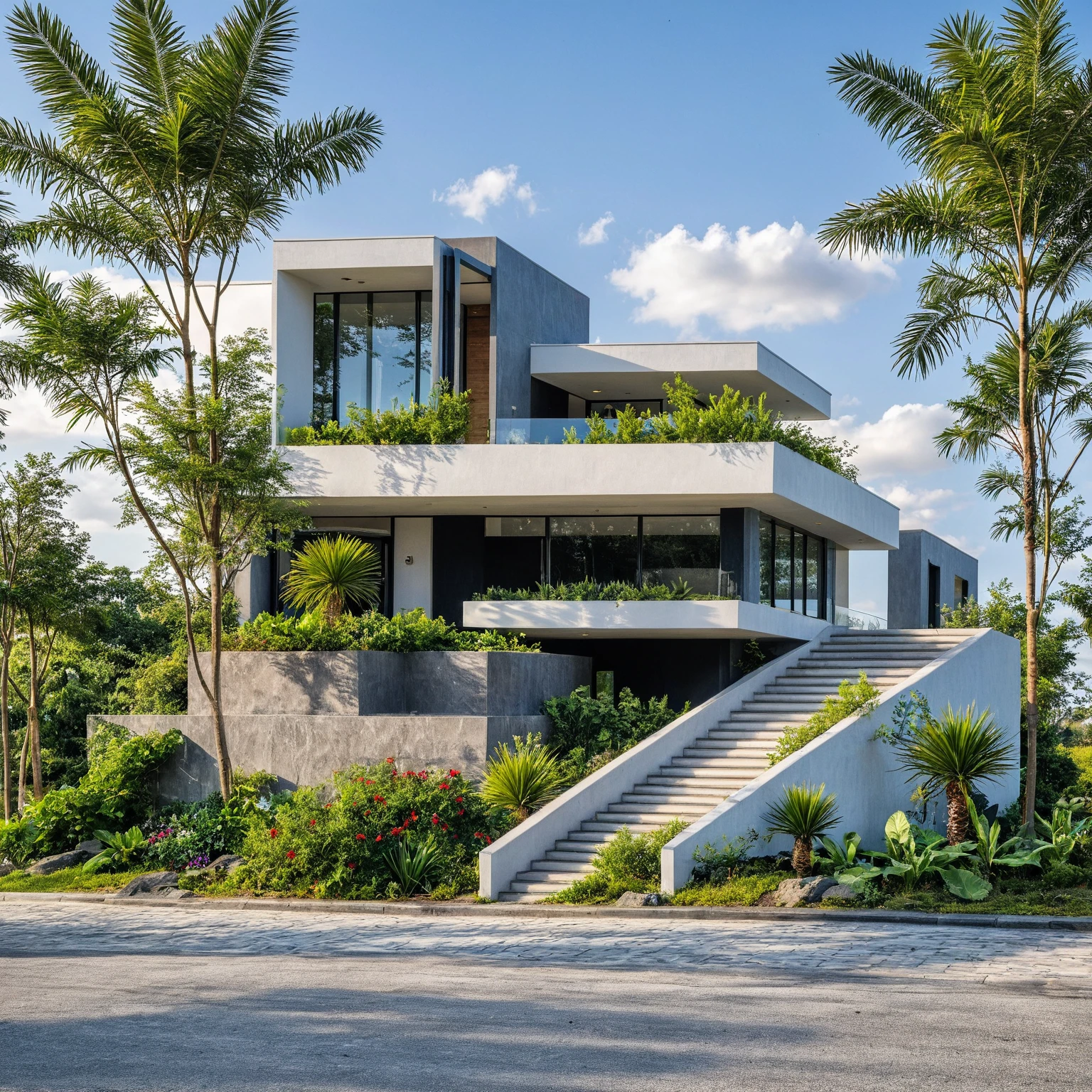 Masterpiece, high quality, best quality, authentic, super detail, outdoors, onestoreyvillaXL, aiaigroup, house style modern on the street ,stairs, white wall ,road,pavement, grass, trees, sky, cloud, (daylight:1.1)