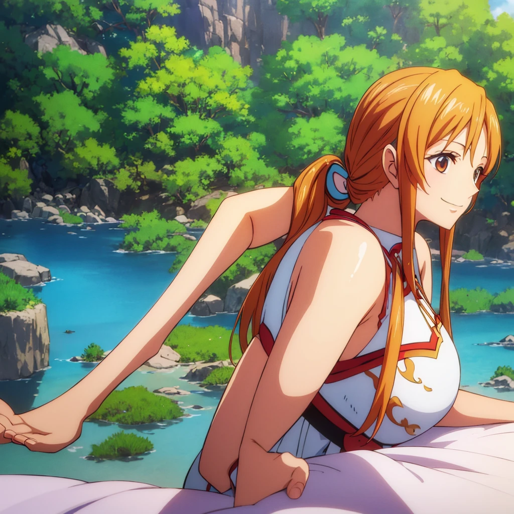 asuna, asuna_(sao), 1girl, fantasy, highres, looking_away, looking_to_the_side, original, realistic, scenery, Close-up, upper_body, smiling, action pose,on_bed,
