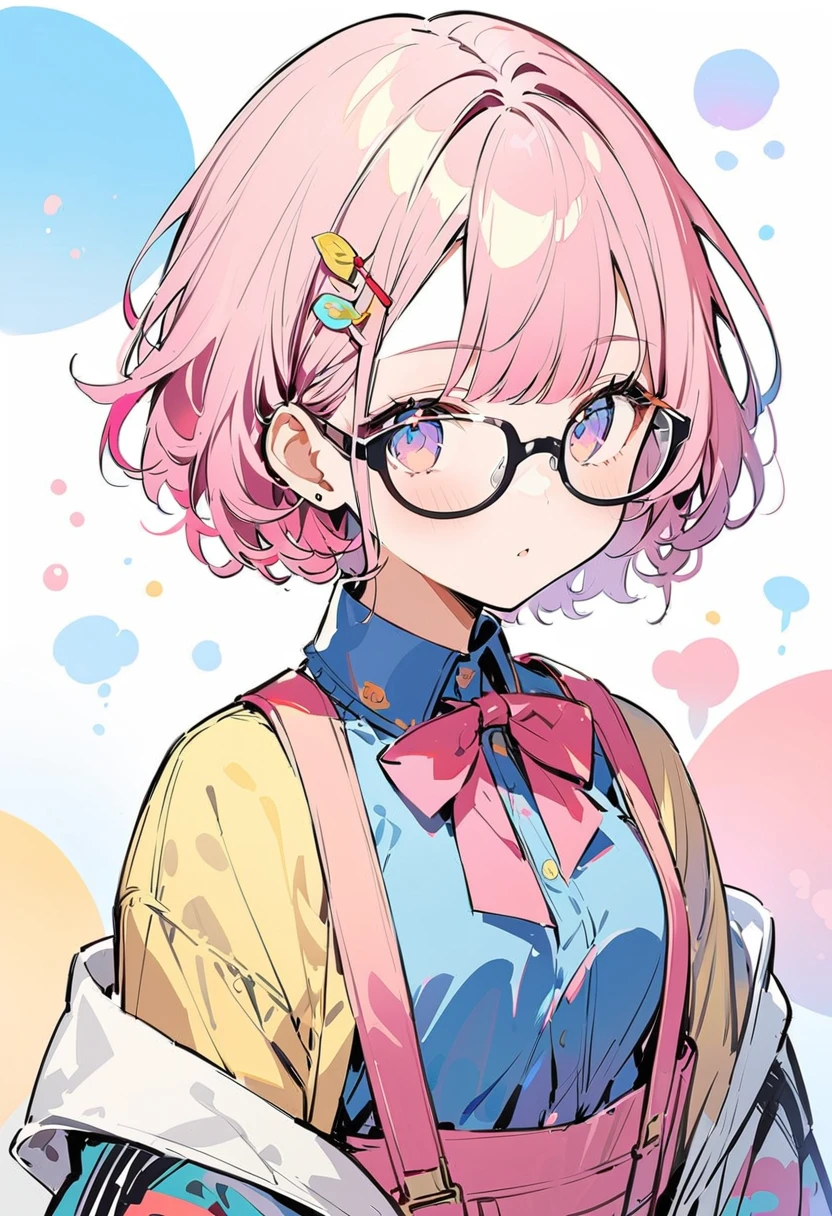 (Highest quality、masterpiece)、(Concept Art)、(Avatar)、(icon)、((One Woman))、((alone))、 (Upper Body)、short hair, (Glowing Skin:1.2), Glasses, Modern, wavy pink hair, pink suspenders, With a flower on your ear, Harajuku Style, hairpin, (Soft Light)、(Soft Shading)、 (pastel colour)、(ink)、(Sketch Style)、(bright)、(Sargent-style watercolor)、(Edmund Leighton Style)、((White Background))、((Blank Background))、