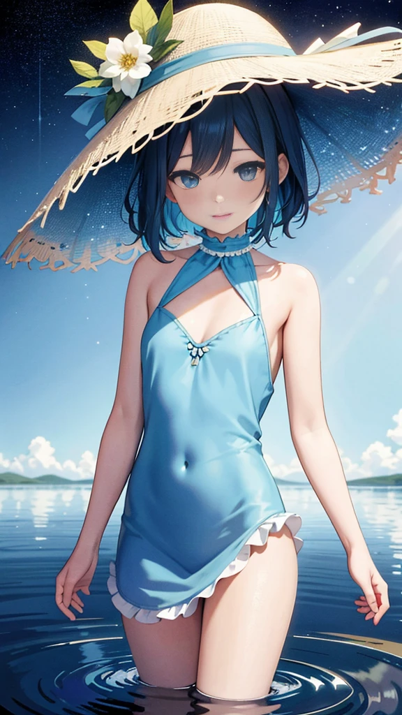 (nsfw), Detailed and explicit anatomy, High resolution, Absurd and surrealistic scenario, Official Art (Fan Art: 1.2), Aesthetically pleasing and provocative, Shortsighted perspective, One girl with Blue Hair, Medium Hair, Blue eyes, Bright Eyes, adorned in a long white dress with blue frills, set against a blue sky that transitions into a Sparkling Galaxy, reminiscent of the Uyuni Salt Lake. The scene is further enhanced with Fractal Art inspired textures, water effects, ripple effects, and intricate Light effects, giving the impression of a Flower effect emerging from the background.