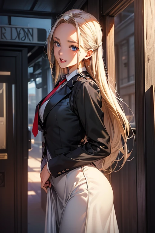 #Basics A girl is posing for a photo, animeのかわいい女の子, (((One Girl)), ((Baby Face)), ((Young girl)), ((16 years old))), 
BREAK 

#Clothing Accessories 
((Black business suit : White dress shirt + Red tie + black suit vest + Black suit jacket + Black suit slacks), Black Loafers), 
Gold hoop earrings, Silver Necklace, 
BREAK 

#Features 
((Blonde)), ((Bangs that expose the forehead:1.2) + (I can see a beautiful forehead:1.1)), (Pixie Cut Hair : Very short hair:0.7 + Hair curled outside + Fuller Hair:0.6), 
(Thin eyebrows:0.6, sharp eyebrows:0.6 
(Droopy eyes, blue eyes), (Small breasts), 
BREAK 

#background environment 
(noon、(Sunlit office district, Telephone booth, Sidewalk)), 
#Facial Expression Pose 
((smile + Teeth are visible + Laughing with open mouth), (Telephone boothに背中をもたれ掛からせているポーズ)), 
#composition 
((Face the camera, Side angle, Cowboy Shot)),  
BREAK 

#Body parts elements 
(Detailed hair, Beautiful Hair, Shiny Hair), 
(double eyelid, Long eyelashes), 
(Expression of fine eyes, Beautiful and delicate eyes, Sparkling eyes, Eye Reflexes, Glitter Eyeliner), 
(Human Ear), 
(Beautiful Nose, Thin Nose), 
(Glossy lips, Beautiful Lips, Thick lips, Glossy Lips, Natural Cheeks), 
(Detailed face, Symmetrical facial features), 
(Detailed skin, Textured skin, Beautiful Skin, Shiny skin), 
BREAK 

#Quality 
(((Highest quality)), ((masterpiece)), ((Very detailed))), ((High resolution), (16K,1080P)), 
(Realistic), (Anatomically correct), 
((comics, anime)), (3DCG), CG illustration,

