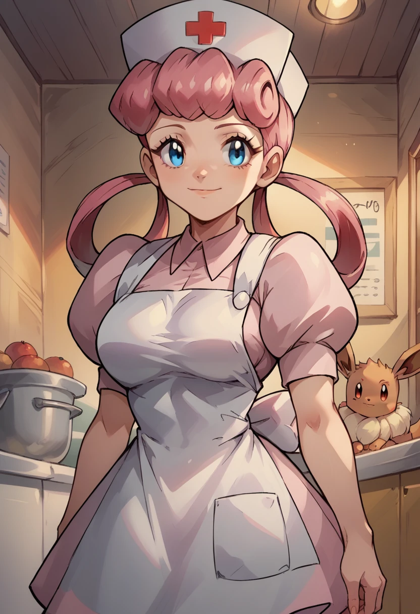 score_9, score_8_up,score_7_up, source_anime, 1girl, solo, eppknursejoy, pink hair, blue eyes, long hair, large breasts, hair rings, bumper bangs, looking at viewer, hat, dress, closed mouth, short sleeves, puffy sleeves, apron, puffy short sleeves, nurse cap, nurse, indoors, smile, infirmary, pokemon, pokemon \(creature\), eevee,