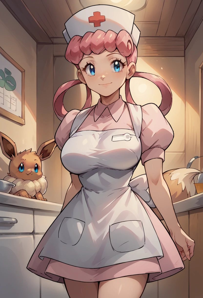 score_9, score_8_up,score_7_up, source_anime, 1girl, solo, eppknursejoy, pink hair, blue eyes, long hair, large breasts, hair rings, bumper bangs, looking at viewer, hat, dress, closed mouth, short sleeves, puffy sleeves, apron, puffy short sleeves, nurse cap, nurse, indoors, smile, infirmary, pokemon, pokemon \(creature\), eevee,