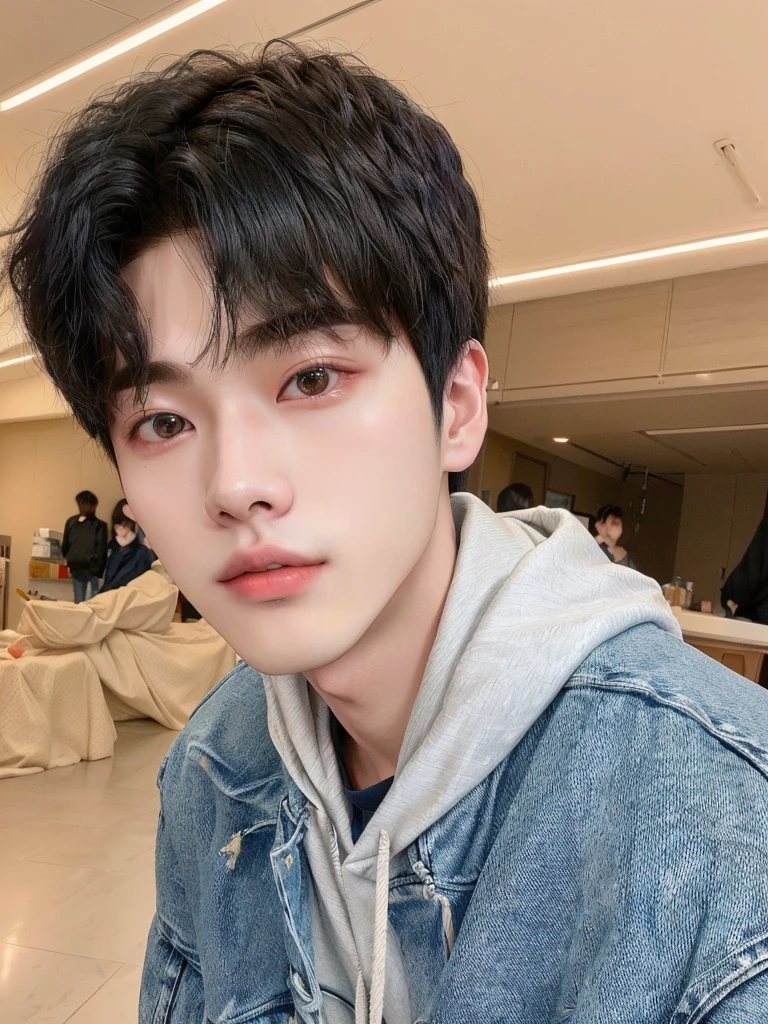 Arafed man in a denim jacket and hoodie posing for a photo., kim doyoung, Jung Jaehyun, sometimes ulzzang, jinyoung shin, profile headshot, Cai Xu Kun, pale korean adorable face, Yanjun Chengt, hyung tae, hong june hyung, south korean man, inspired by jeonseok lee, ulzzang, lee wonbin