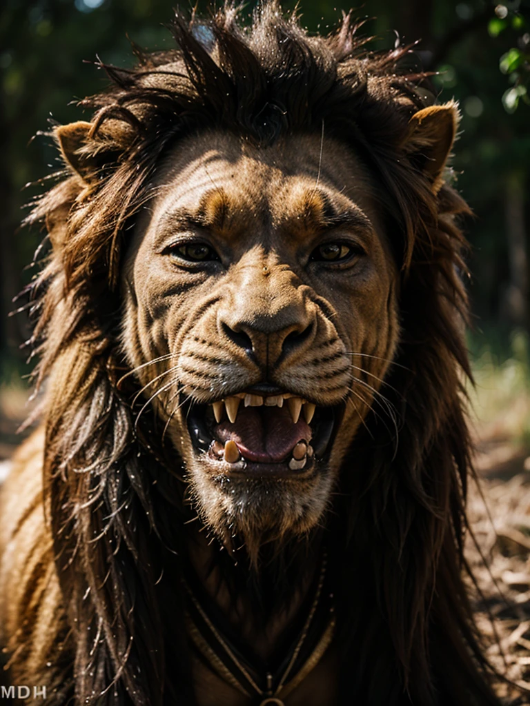 King lion in the wild stands on the year and growls, fangs, mane, high details, 16k, best quality, UHD