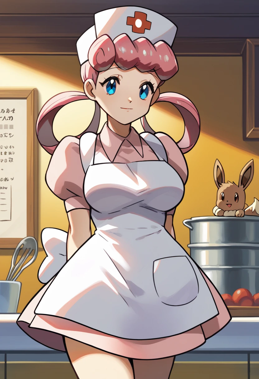 score_9, score_8_up,score_7_up, source_anime, 1girl, solo, eppknursejoy, pink hair, blue eyes, long hair, large breasts, hair rings, bumper bangs, looking at viewer, hat, dress, closed mouth, short sleeves, puffy sleeves, apron, puffy short sleeves, nurse cap, nurse, indoors, smile, infirmary, pokemon, pokemon \(creature\), eevee,