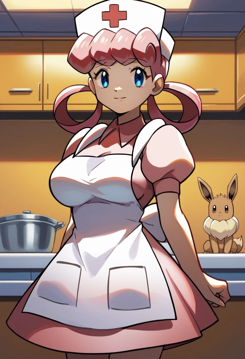 score_9, score_8_up,score_7_up, source_anime, 1girl, solo, eppknursejoy, pink hair, blue eyes, long hair, large breasts, hair rings, bumper bangs, looking at viewer, hat, dress, closed mouth, short sleeves, puffy sleeves, apron, puffy short sleeves, nurse cap, nurse, indoors, smile, infirmary, pokemon, pokemon \(creature\), eevee,