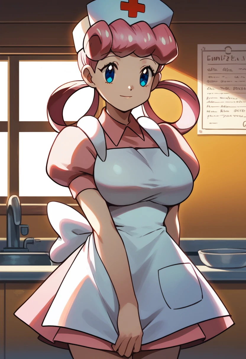 score_9, score_8_up,score_7_up, source_anime, 1girl, solo, eppknursejoy, pink hair, blue eyes, long hair, large breasts, hair rings, bumper bangs, looking at viewer, hat, dress, closed mouth, short sleeves, puffy sleeves, apron, puffy short sleeves, nurse cap, nurse, indoors, smile, infirmary, pokemon, pokemon \(creature\), eevee,