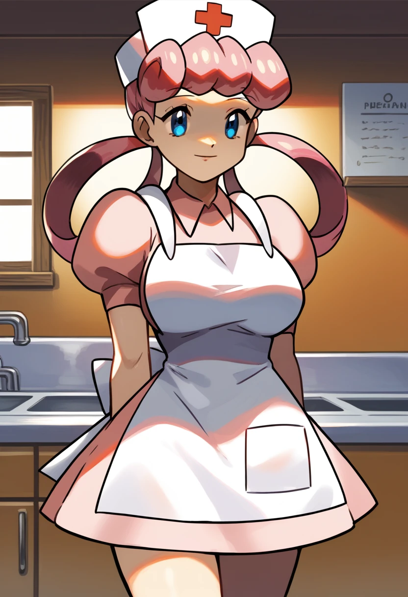 score_9, score_8_up,score_7_up, source_anime, 1girl, solo, eppknursejoy, pink hair, blue eyes, long hair, large breasts, hair rings, bumper bangs, looking at viewer, hat, dress, closed mouth, short sleeves, puffy sleeves, apron, puffy short sleeves, nurse cap, nurse, indoors, smile, infirmary, pokemon, pokemon \(creature\), eevee,