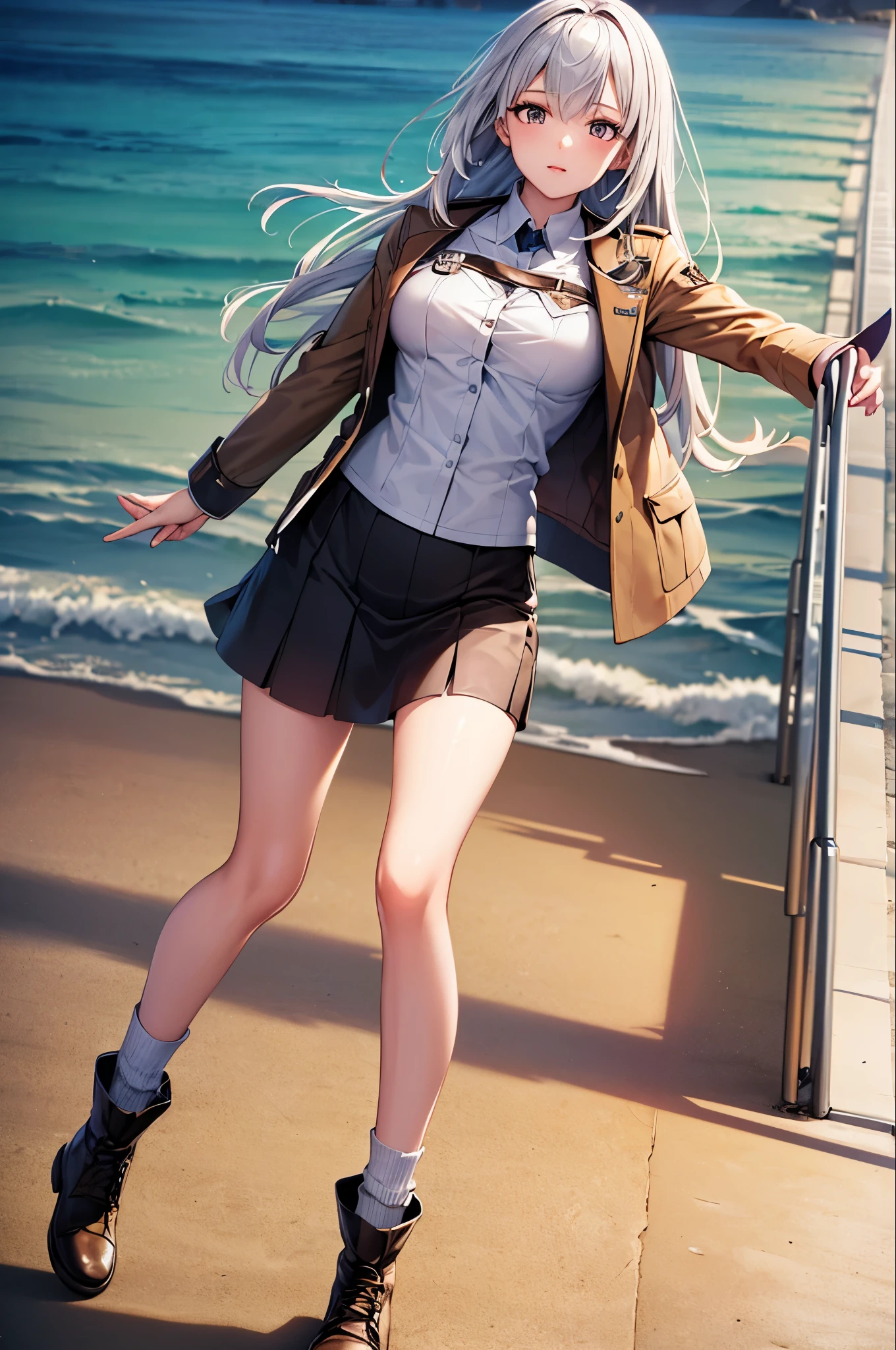 ((masterpiece)), ((Highest quality)), ((High resolution)), ((Highly detailed CG Unity 8k wallpaper)), alone, Brown uniform, Black Skirt, White socks, Outdoor, face, curtained hair, Beach, Parted hair, Silver Hair
