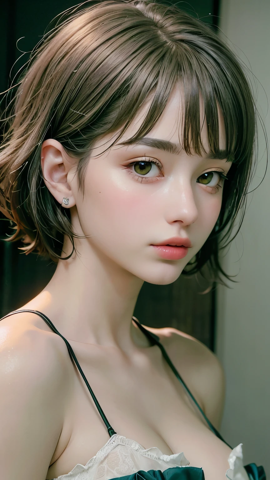 Masterpiece hyperrealist & Photorealistic beautiful girl, Realistic Skin (Pore-filled skin) Short Bob Cut Hair, Realistic red lips,Punk Girl, (head shot:1.5),Shorts