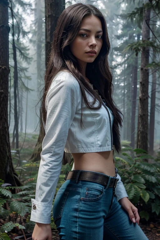 Lana Lang,Kristin Kreuk, Teen Wolf, 20 years old, long messy black hair, slim build, green eyes, black open jean jacket, white blouse, blue jean pants, blue belt, hanging black rose, forest background foggy