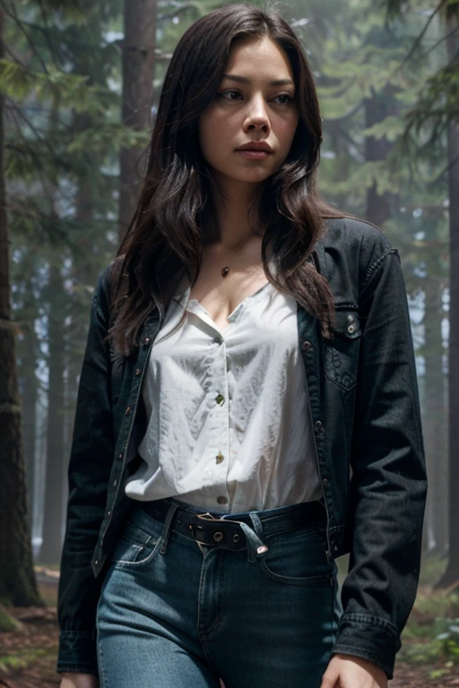 Lana Lang,Kristin Kreuk, Teen Wolf, 20 years old, long messy black hair, slim build, green eyes, black open jean jacket, white blouse, blue jean pants, blue belt, hanging black rose, forest background foggy